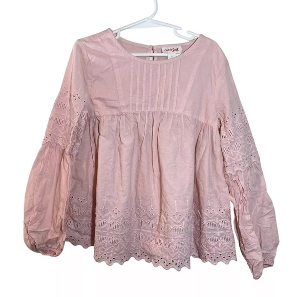 Cat & Jack Light Pink Girls Top Small Eyelet Pleated Embroidered Loose Fit Thin - Picture 1 of 7